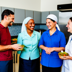 A diverse group of adults from various faith backgrounds, fully clothed in modest, appropriate attire, collaboratively preparing meals in a clean, well-lit community kitchen. They are smiling and interacting respectfully, demonstrating unity and shared purpose. The scene emphasizes teamwork and compassion. safe for work, appropriate content, fully clothed, professional, perfect anatomy, correct proportions, natural pose, well-formed hands, proper finger count, natural body proportions, professional photography, high quality, vibrant colors.