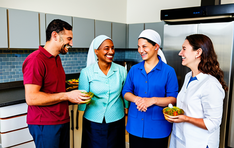 A diverse group of adults from various faith backgrounds, fully clothed in modest, appropriate attire, collaboratively preparing meals in a clean, well-lit community kitchen. They are smiling and interacting respectfully, demonstrating unity and shared purpose. The scene emphasizes teamwork and compassion. safe for work, appropriate content, fully clothed, professional, perfect anatomy, correct proportions, natural pose, well-formed hands, proper finger count, natural body proportions, professional photography, high quality, vibrant colors.