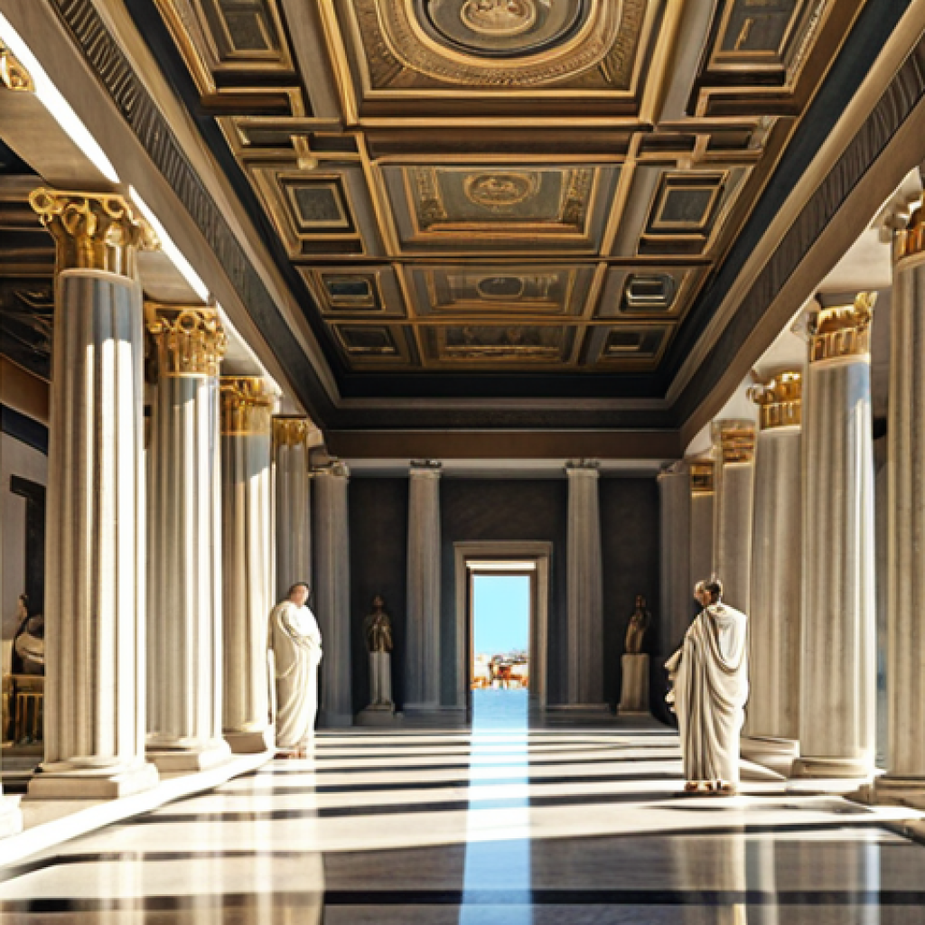 그리스 로마 신화와 다신교 - **Prompt:** A grand hall inspired by Greek architecture, fully clothed figures in togas discussing p...