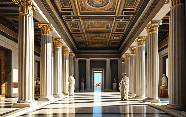 그리스 로마 신화와 다신교 - **Prompt:** A grand hall inspired by Greek architecture, fully clothed figures in togas discussing p...