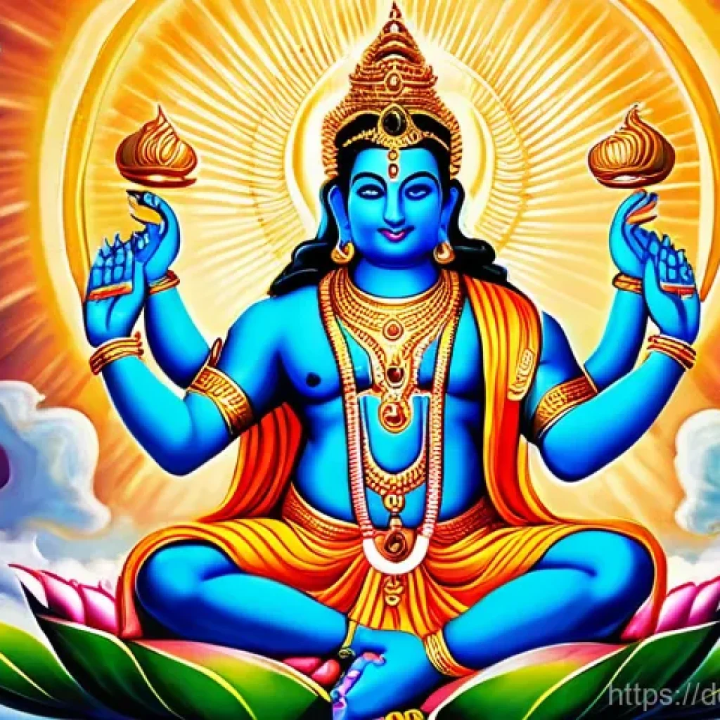 힌두교 신화와 주요 신들 - **Prompt:** A majestic and vibrant depiction of the Hindu Trimurti &ndash; Brahma, Vishnu, and Shiva &ndash; in ...