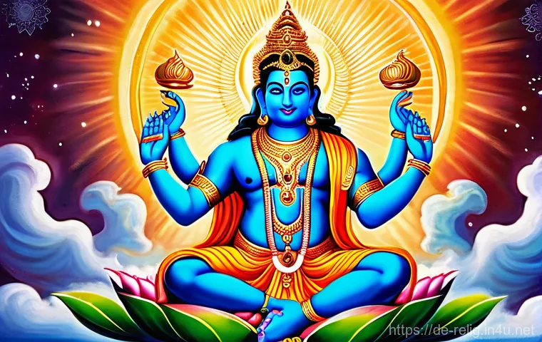 힌두교 신화와 주요 신들 - **Prompt:** A majestic and vibrant depiction of the Hindu Trimurti &ndash; Brahma, Vishnu, and Shiva &ndash; in ...