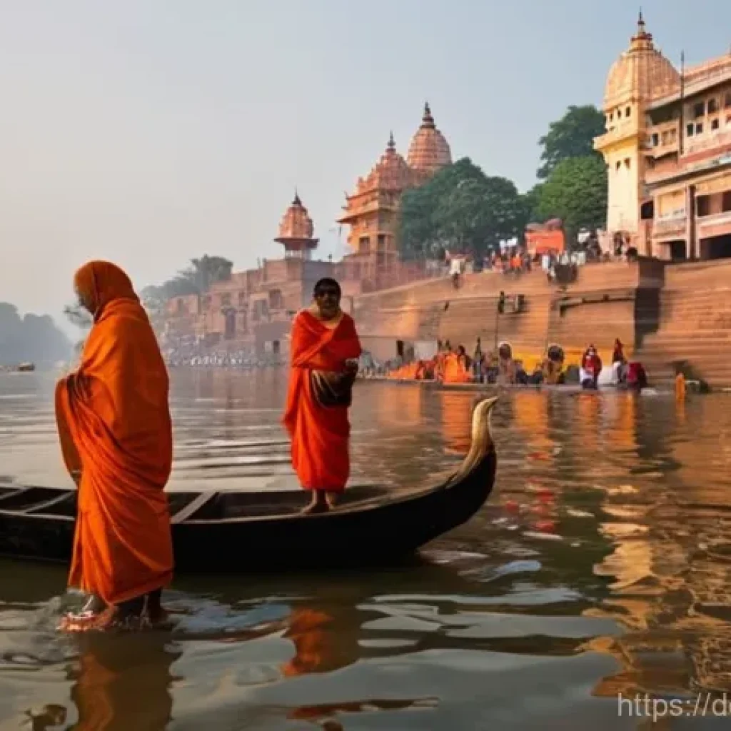 힌두교의 강가 강과 바라나시 - **Sunrise Rituals on the Ganges:** A serene and deeply spiritual scene at the Varanasi Ghats during ...