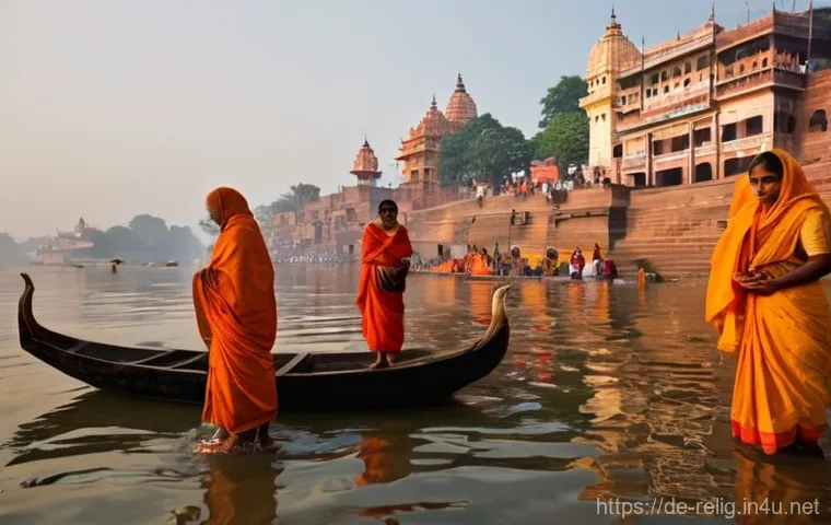 힌두교의 강가 강과 바라나시 - **Sunrise Rituals on the Ganges:** A serene and deeply spiritual scene at the Varanasi Ghats during ...