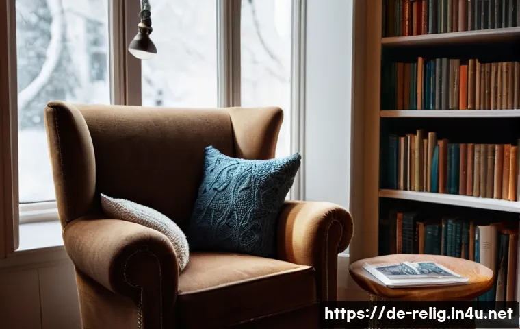 종교 서적과 베스트셀러 - **Prompt:** A cozy, inviting reading nook bathed in warm, soft lamplight. A person in their late twe...