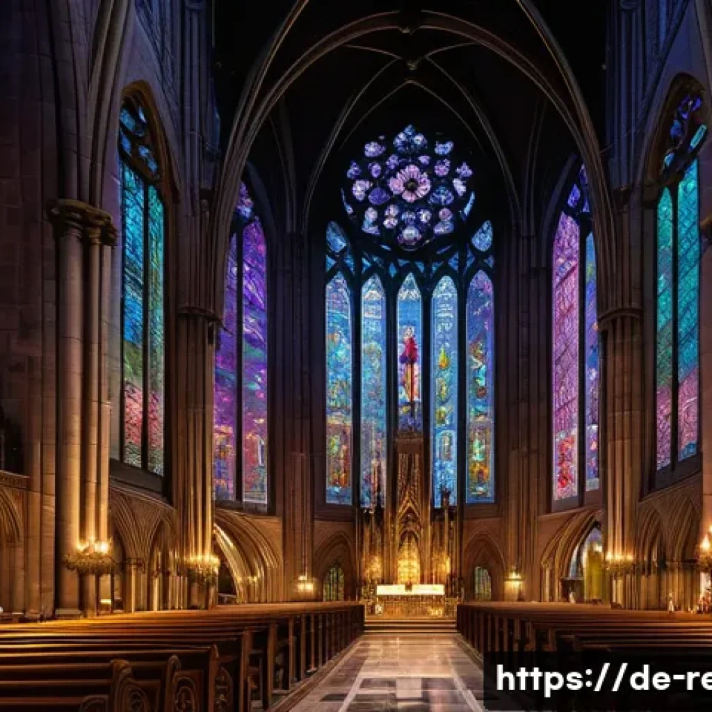 기독교 성지와 순례지 - A majestic Gothic cathedral interior bathed in soft, colorful stained glass light filtering through ...