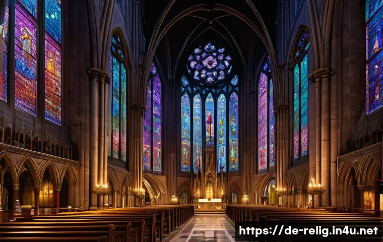 기독교 성지와 순례지 - A majestic Gothic cathedral interior bathed in soft, colorful stained glass light filtering through ...