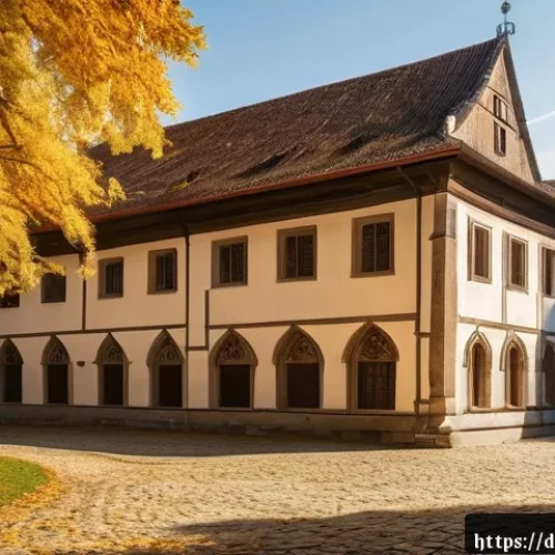 종교적 유산의 보존 - A detailed, atmospheric view of a historic Bavarian monastery courtyard during early autumn, showcas...