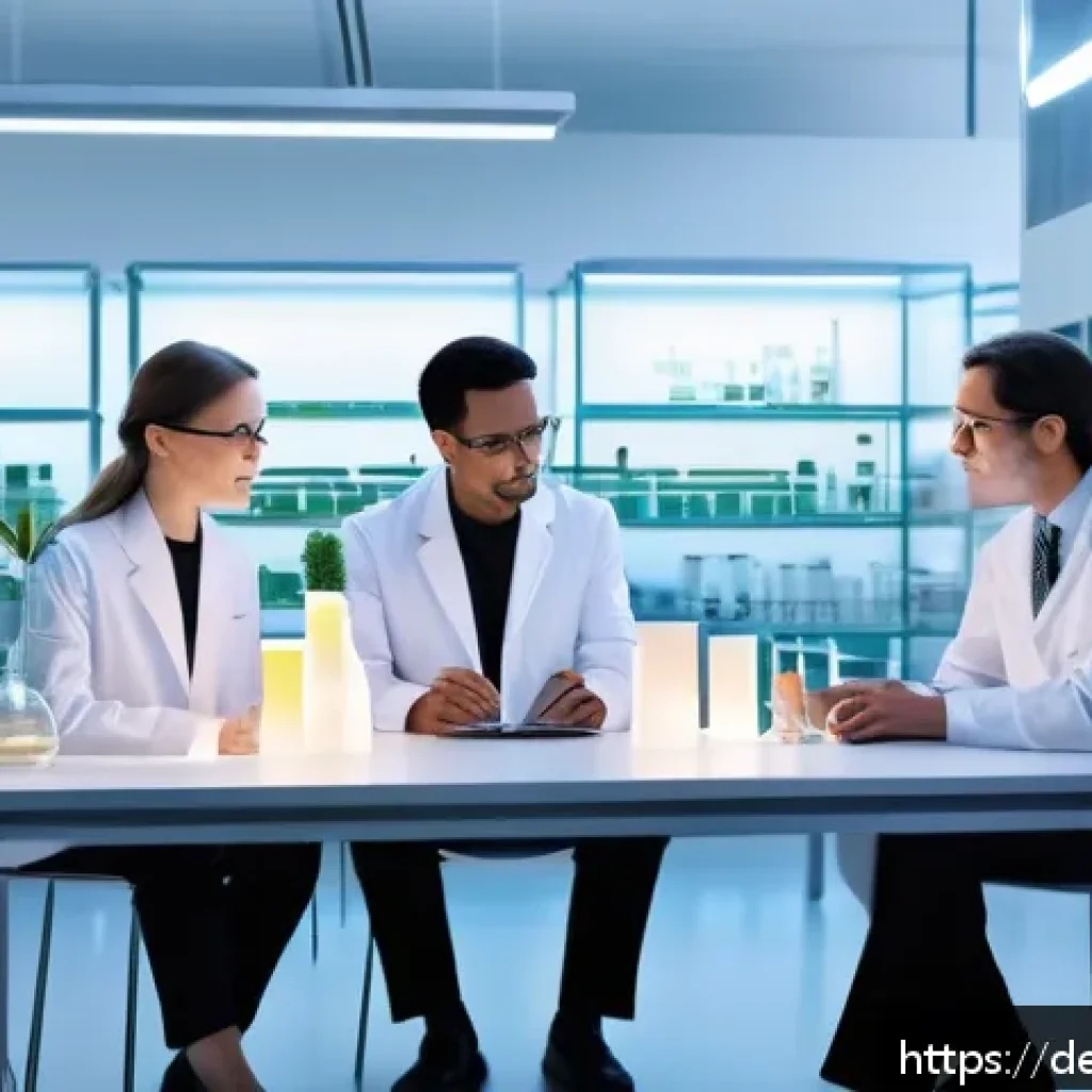 종교와 과학 갈등과 조화 - A serene modern laboratory scene where a diverse group of ethical scientists, dressed in professiona...