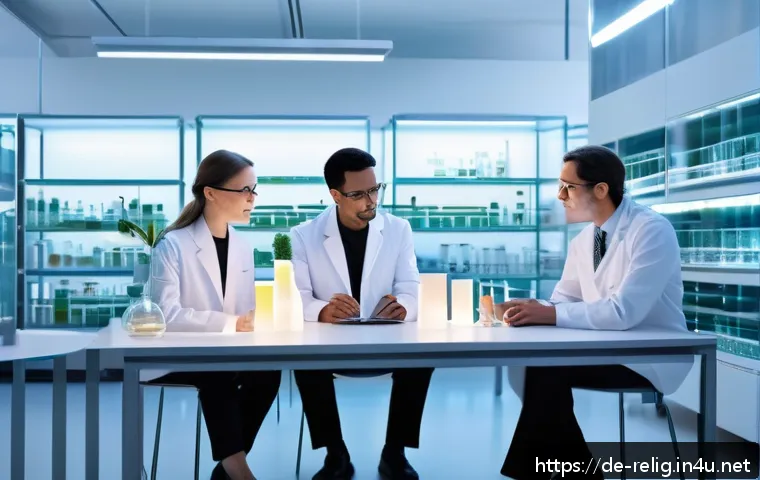 종교와 과학 갈등과 조화 - A serene modern laboratory scene where a diverse group of ethical scientists, dressed in professiona...