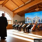 종교적 지도자의 역할 - A modern church interior during a lively family-friendly service, featuring a diverse group of peopl...