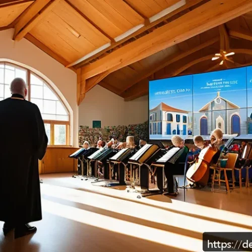 종교적 지도자의 역할 - A modern church interior during a lively family-friendly service, featuring a diverse group of peopl...