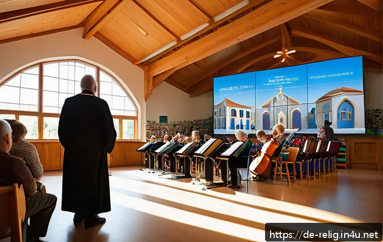 종교적 지도자의 역할 - A modern church interior during a lively family-friendly service, featuring a diverse group of peopl...