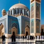 기독교와 이슬람교의 공통점과 차이점 - A detailed, panoramic view of a historic Middle Eastern cityscape where a grand mosque with intricat...