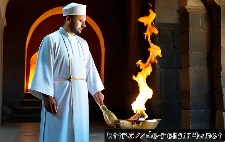 조로아스터교의 신앙 체계 - Photorealistic interior of a historic Zoroastrian fire temple, a dignified priest in clean white cer...