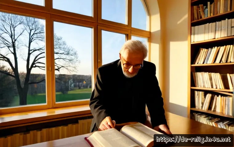 종교적 지식과 학술 연구 - Photorealistic university theology library in Germany, an elderly professor and a young doctoral res...